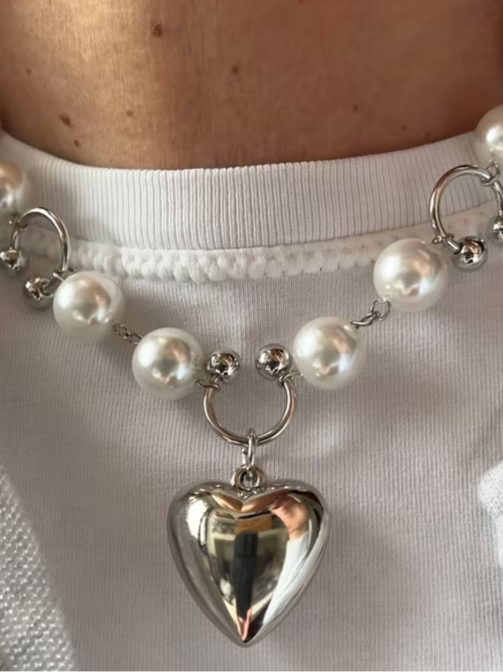 New boutique Silver tone Pearl Necklace with Heart Pendant - Women Jewelry